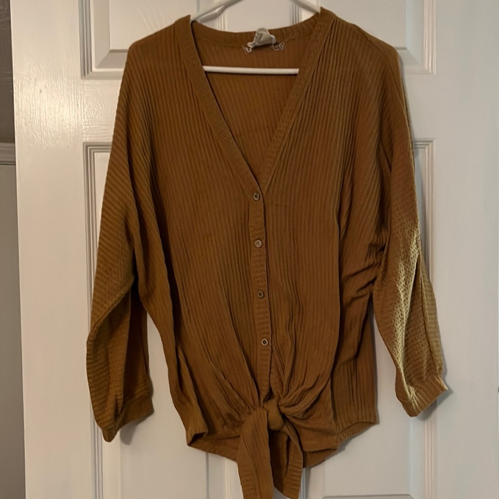 Waffle knit button front top